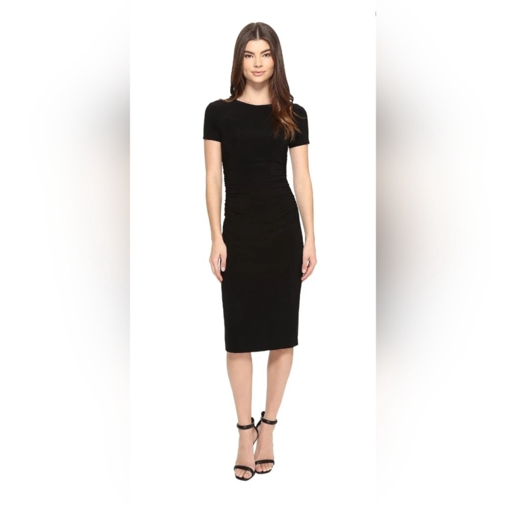 Norma Kamali Short Sleeve Crew Neck Shirred Waist Dress Black Midi Body Con